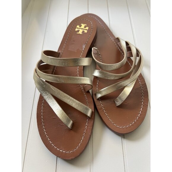 Tory Burch Patos Metallic Strappy Sandals Gold Leather Slides Summer Chic Size 9 - Picture 2 of 13